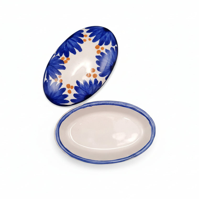 Portagioie Ovale in Ceramica Artigianale Dipinta a Mano - Fiori Blu e Arancio - Limited Edition