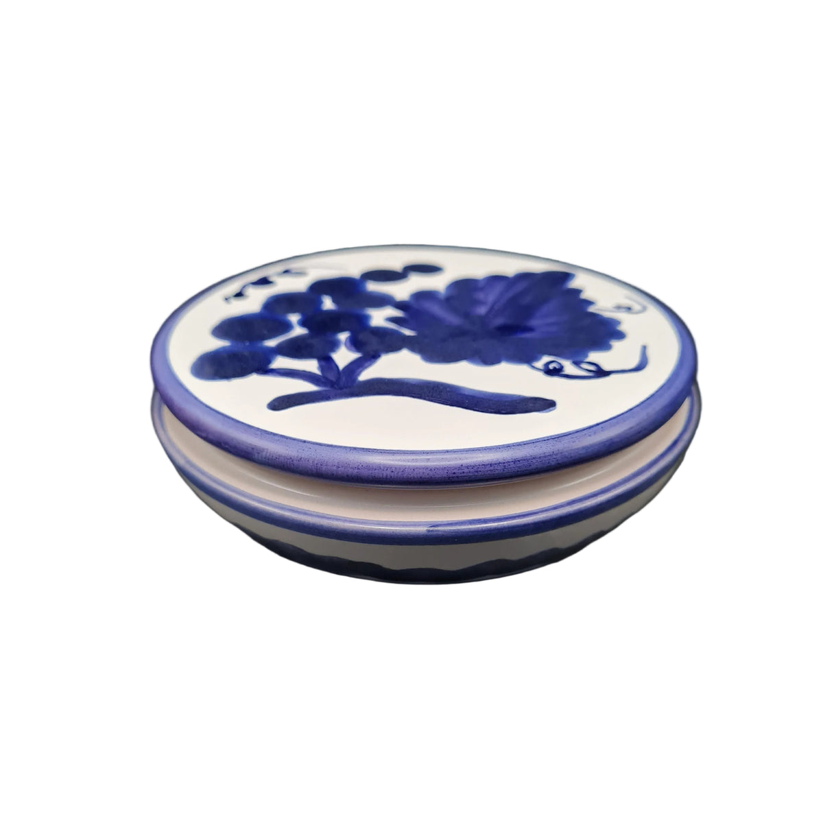 Portagioie Rotondo in Ceramica Blu e Bianca - Decorazione Uva Dipinta a Mano