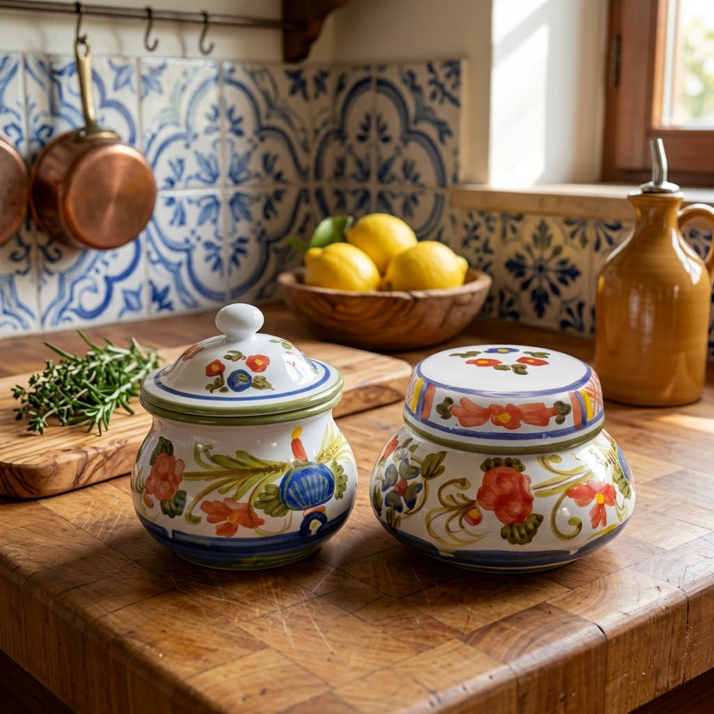 Coppia Vasi in Ceramica Decorati a Mano con Coperchio Porta Sale e Zucchero Multiuso Made in Italy