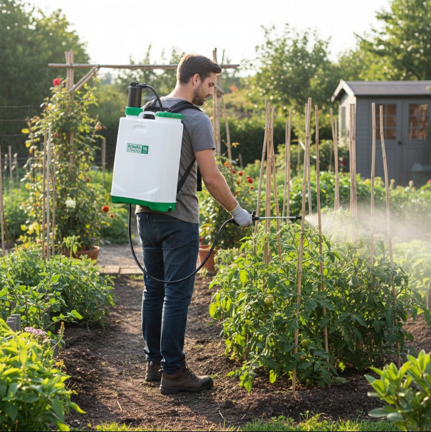 Pompa a Pressione Manuale per Giardinaggio, Serbatoio 16 Litri, Nebulizzatore a Spalla con 3 Ugelli Intercambiabili, Valvola di Sfiato, Leva Erogatrice e Tappo con Filtro