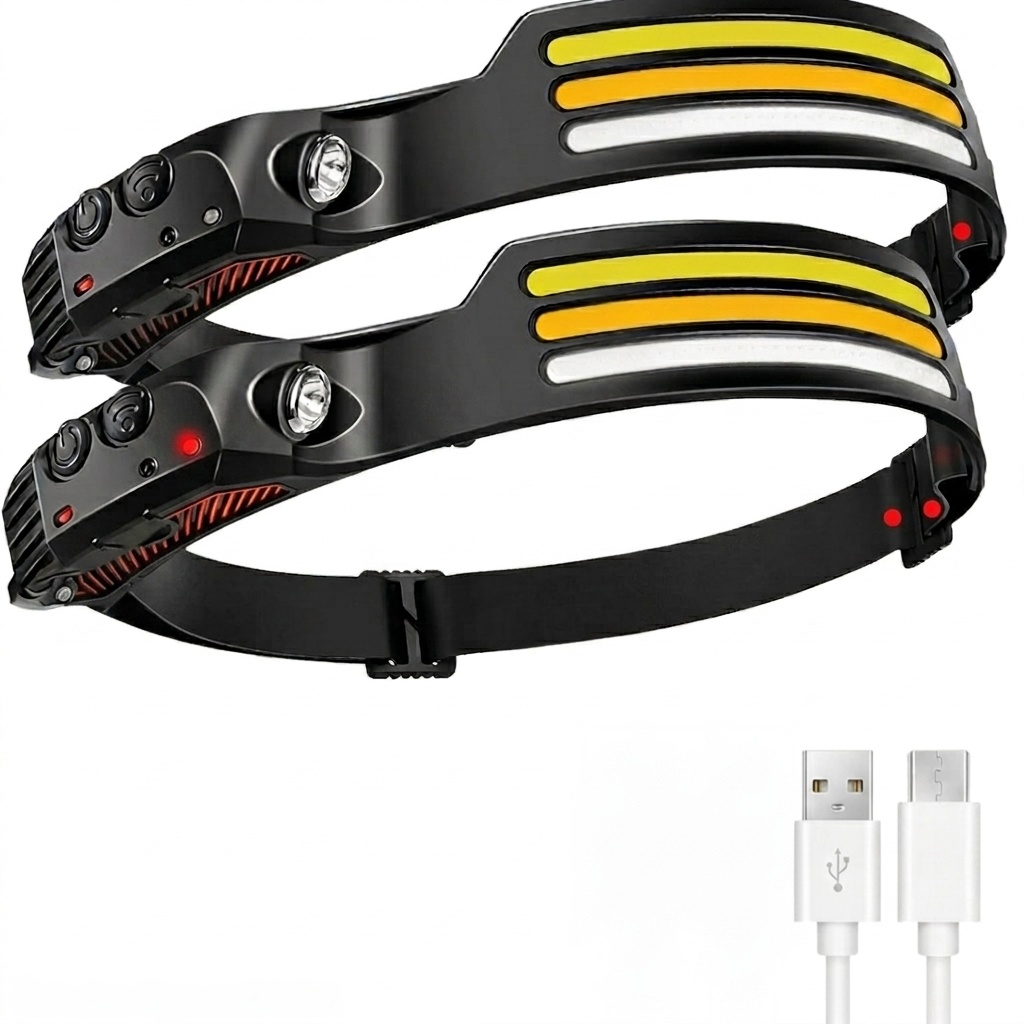 Set 2 Torce Frontali LED con 10 Modalità di Luce e Sensore Smart