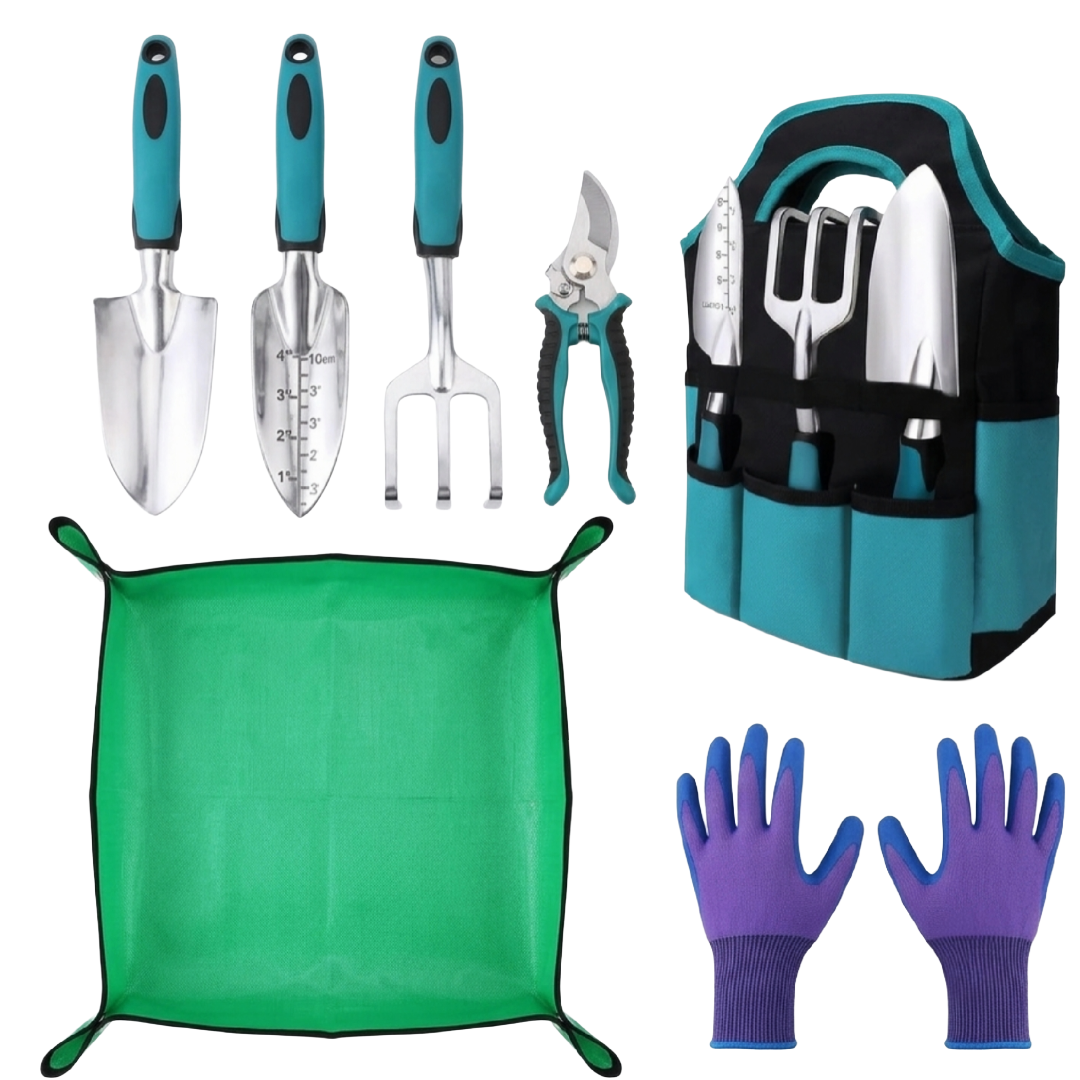 Set Giardinaggio 7 Pezzi in Alluminio Antiruggine con Custodia e Guanti