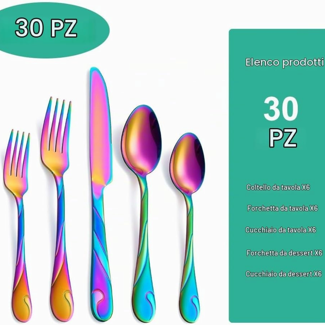 Set Posate Eleganti 30 Pezzi in Acciaio Inox - Nero o Arcobaleno