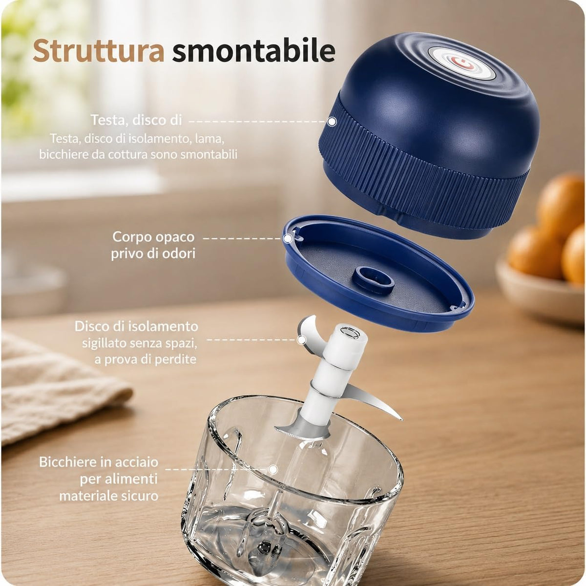 Mini Tritatutto Elettrico Ricaricabile USB-C - 3 Lame Inox