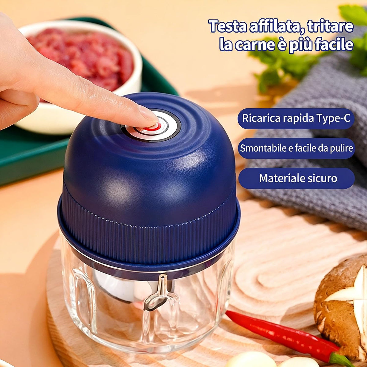 Mini Tritatutto Elettrico Ricaricabile USB-C - 3 Lame Inox
