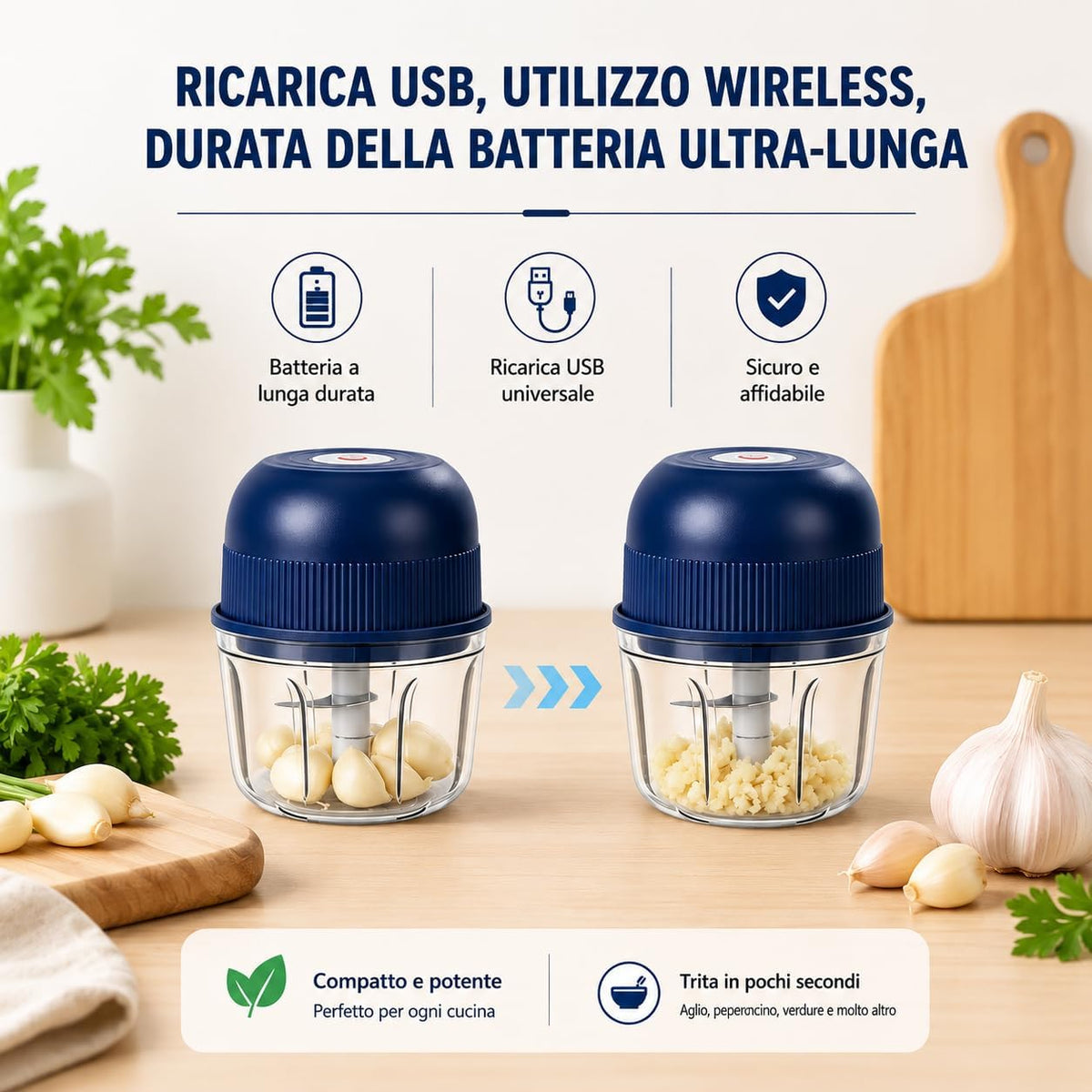 Mini Tritatutto Elettrico Ricaricabile USB-C - 3 Lame Inox