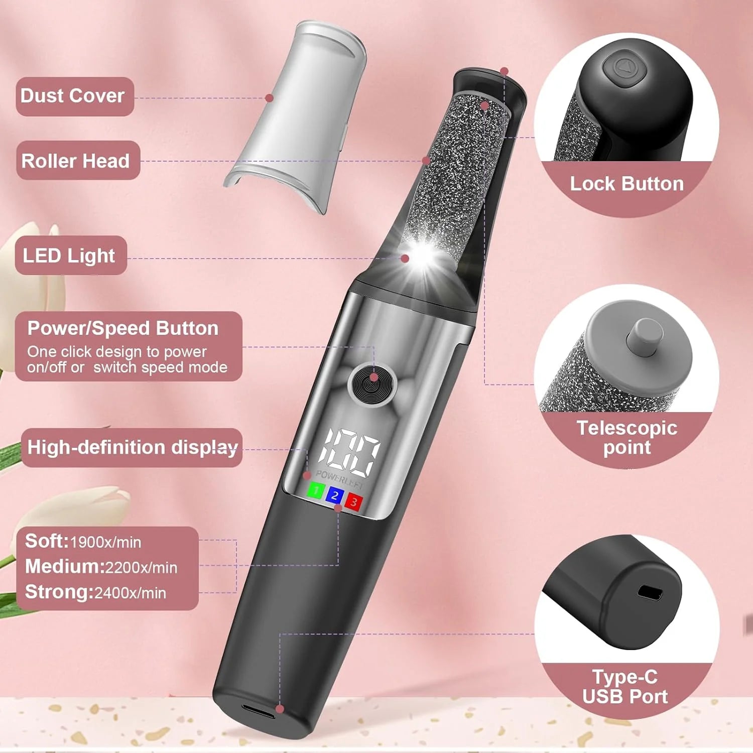 Pedicure Elettrico Professionale per Piedi – Lima Elettrica per Calli e Talloni – Rimuovi Pelle Morta – 3 Rulli Abrasivi – Display LED – Luce LED – Ricarica USB