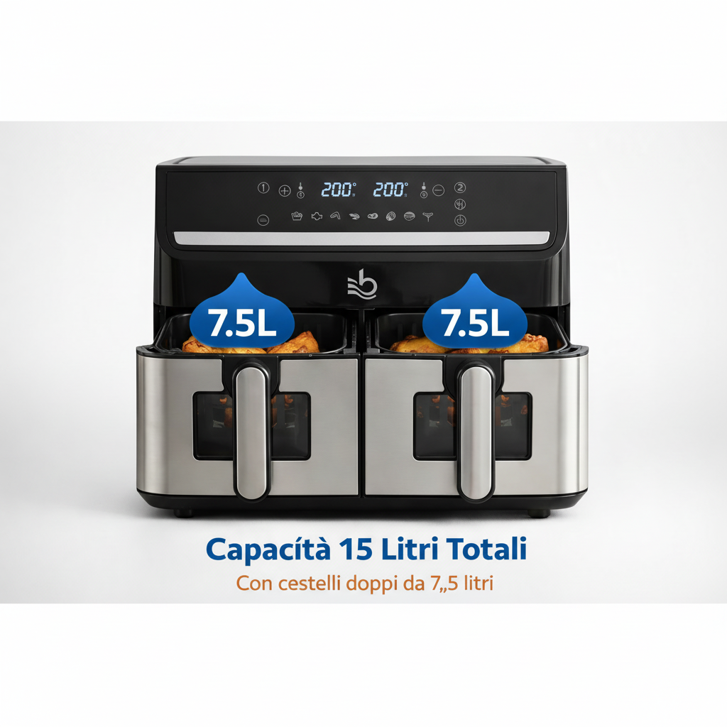 Friggitrice ad Aria XXXL - 2000W Doppio Cestello 15L (7,5L + 7,5L) – Controllo Indipendente