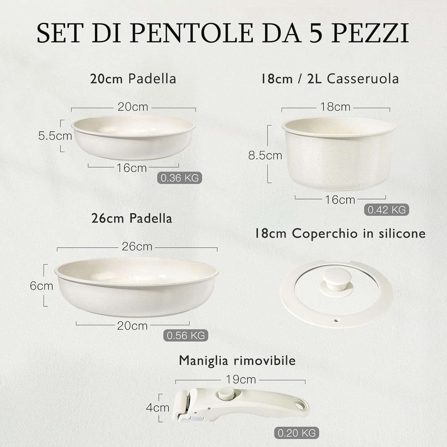 Set Pentole 5pz Ceramica Atossica Manico Staccabile - Blu | Bianco