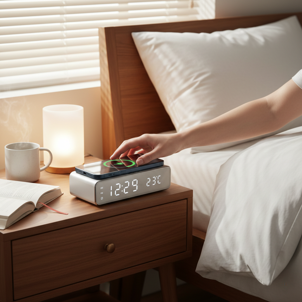 TECHMADE – Sveglia Digitale con Ricarica Wireless, Allarme con Timer, Display LED Regolabile