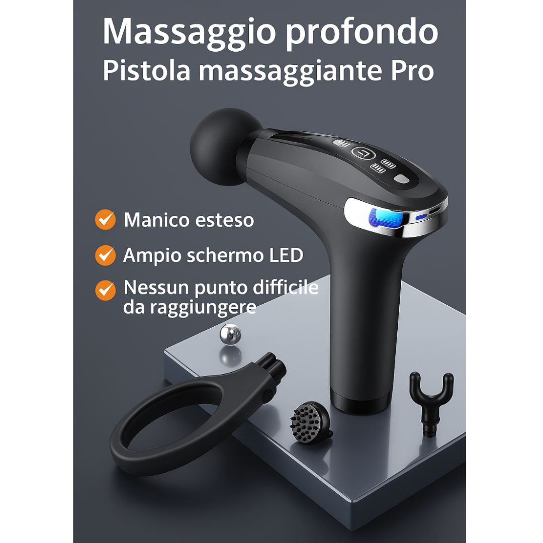 Pistola da Massaggio Muscolare a Percussione con Manico Estensibile – 9 Modalità e 4 Teste, Massaggio Profondo per Cervicale e Schiena