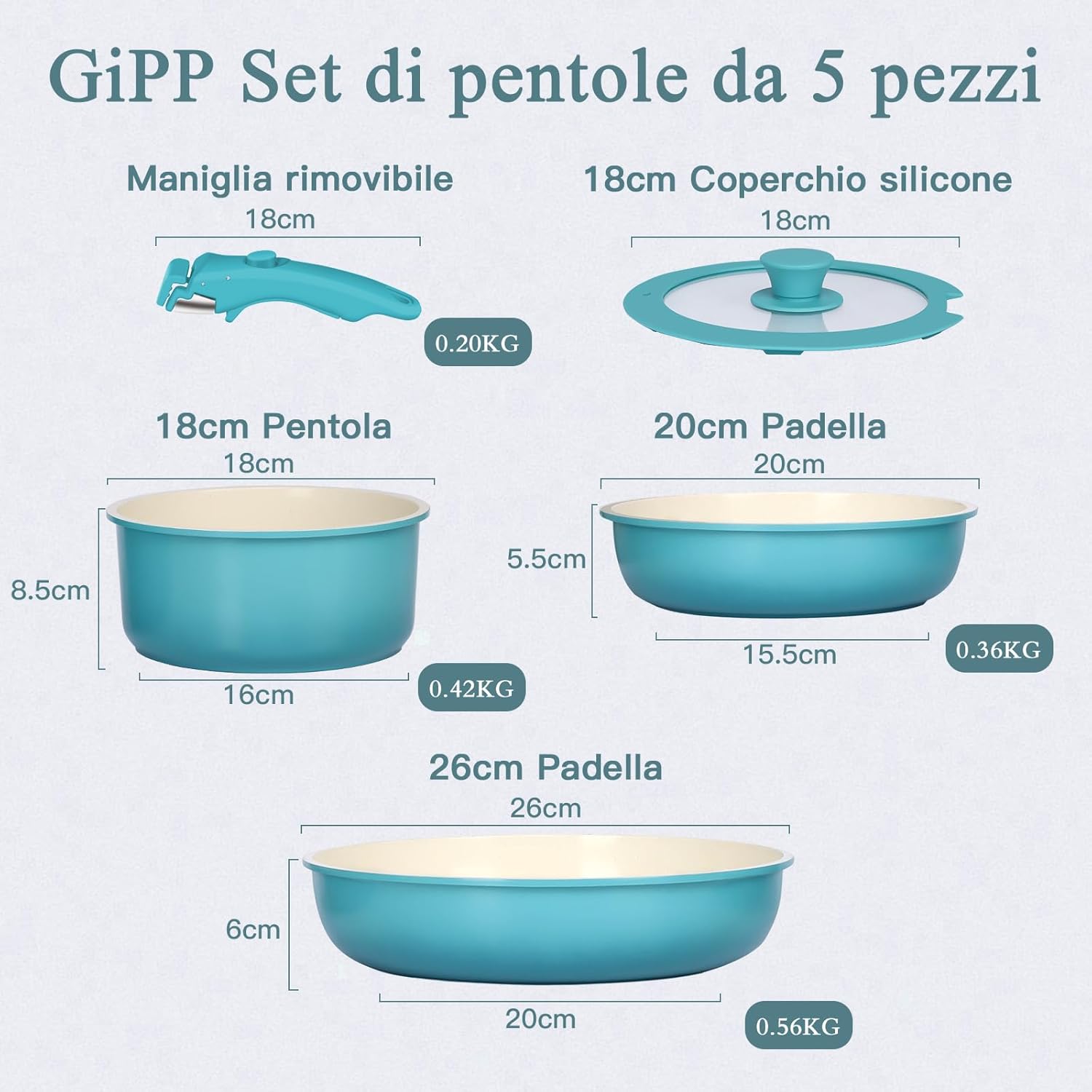 Set Pentole 5pz Ceramica Atossica Manico Staccabile - Blu Sfumato