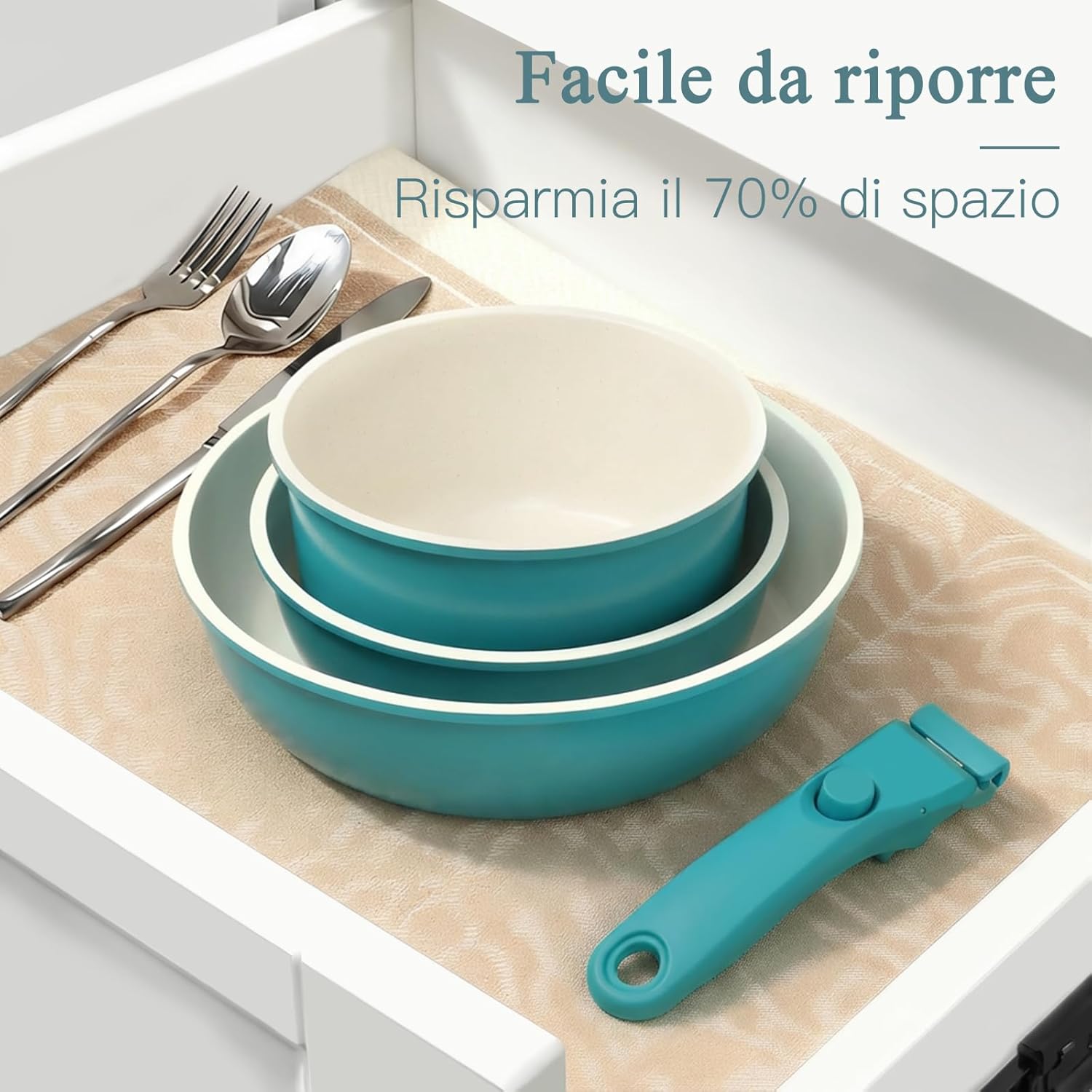 Set Pentole 5pz Ceramica Atossica Manico Staccabile - Blu Sfumato
