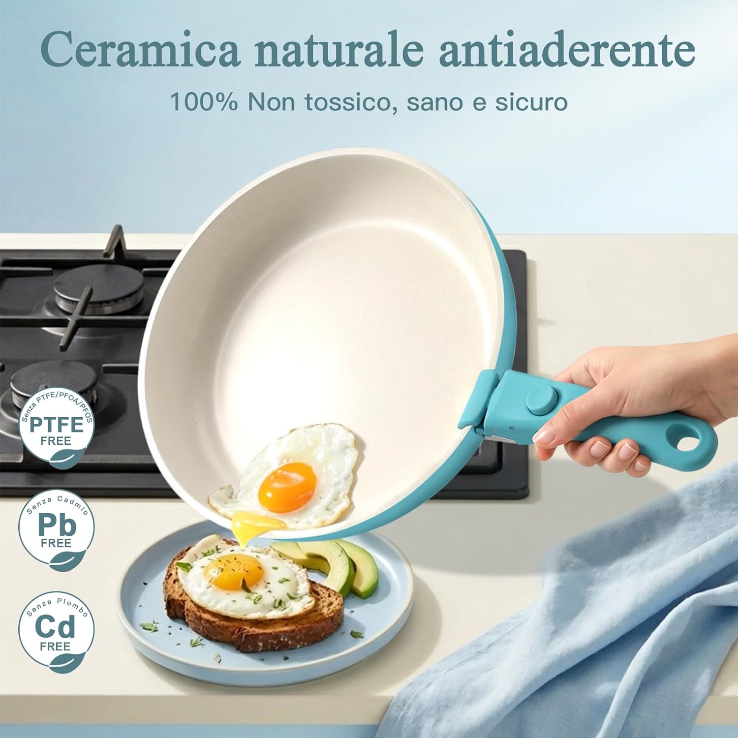 Set Pentole 5pz Ceramica Atossica Manico Staccabile - Blu Sfumato