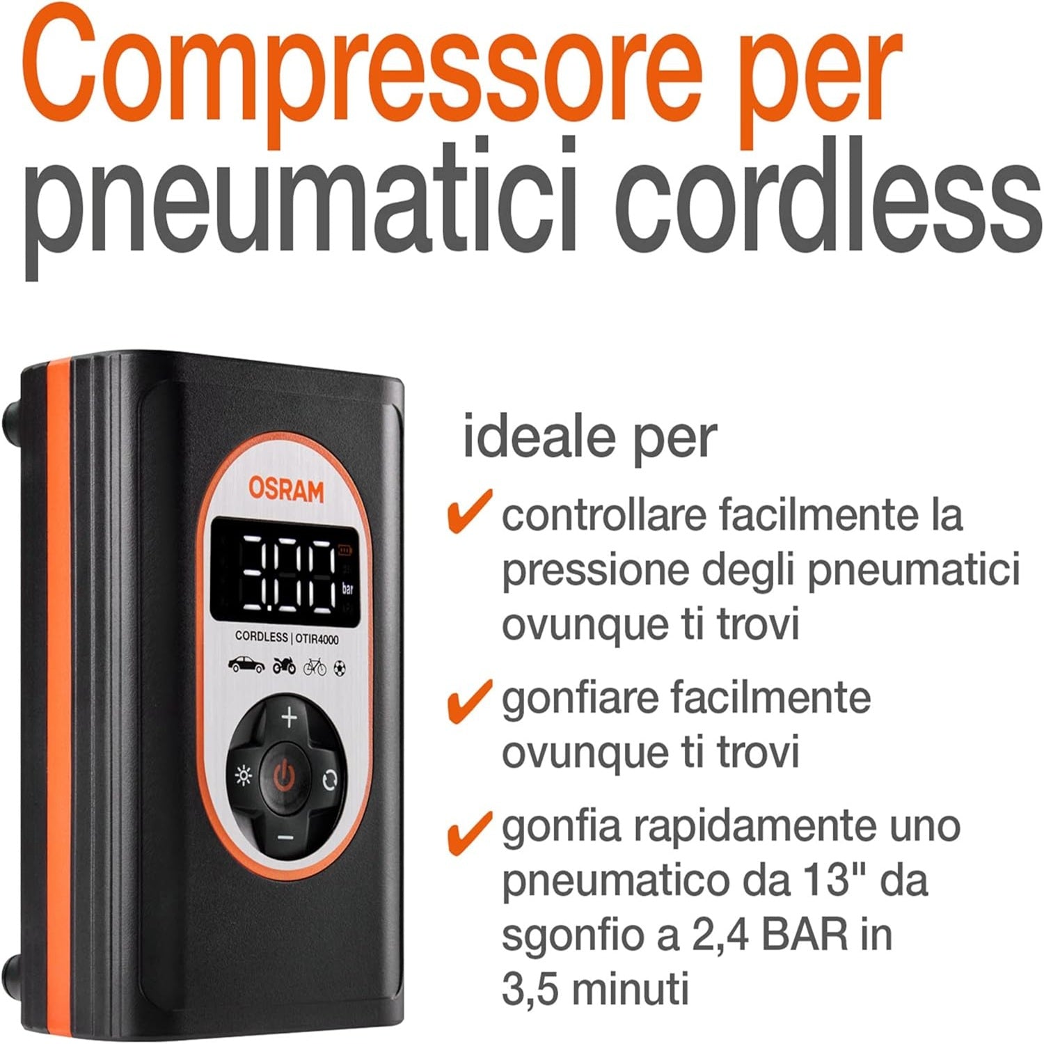 Compressore OSRAM Digitale Portatile 8,3 BAR - Ricaricabile e Potente