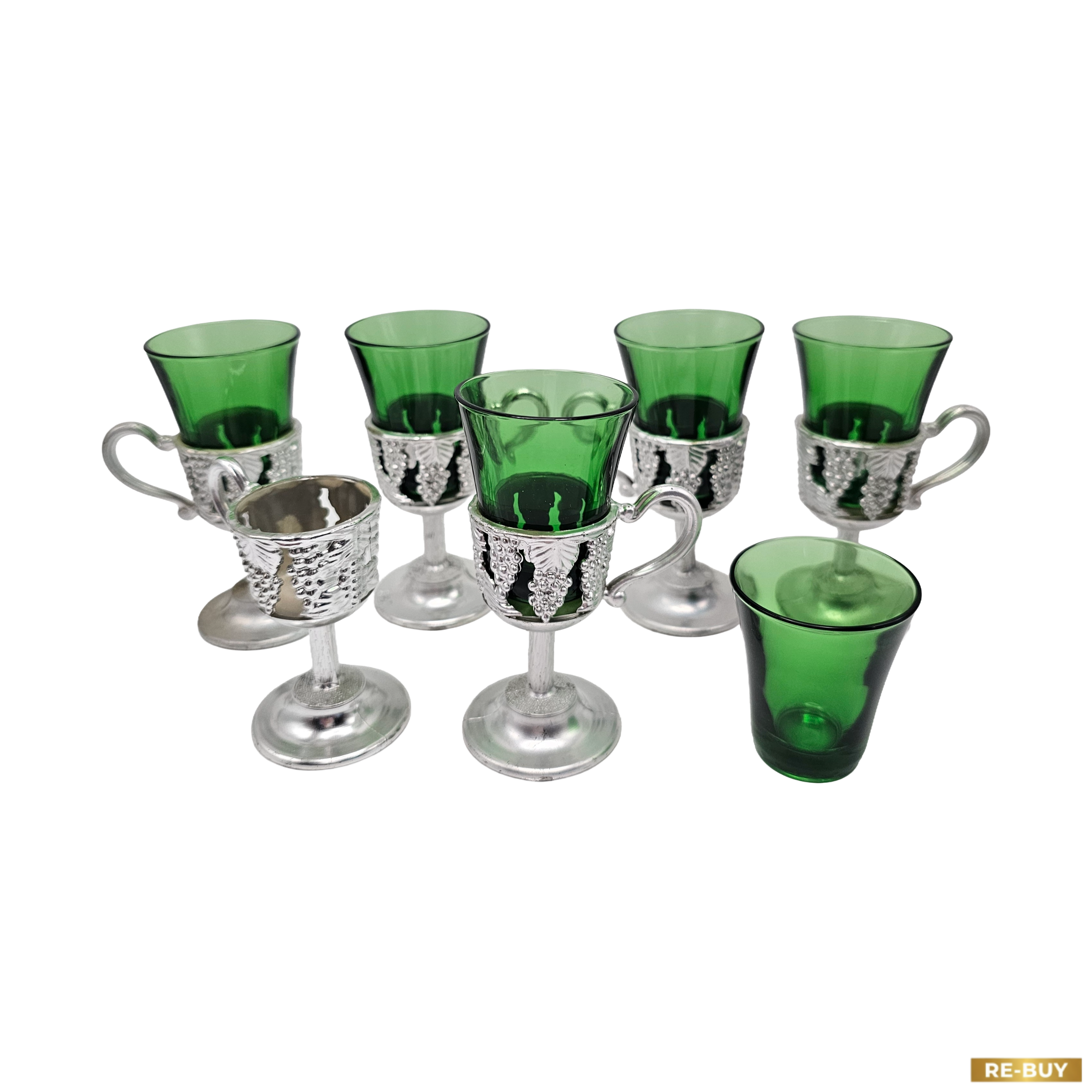 Set 6 Bicchierini Liquore Vintage "Giapponesi" – Vetro Verde e Base Argentata
