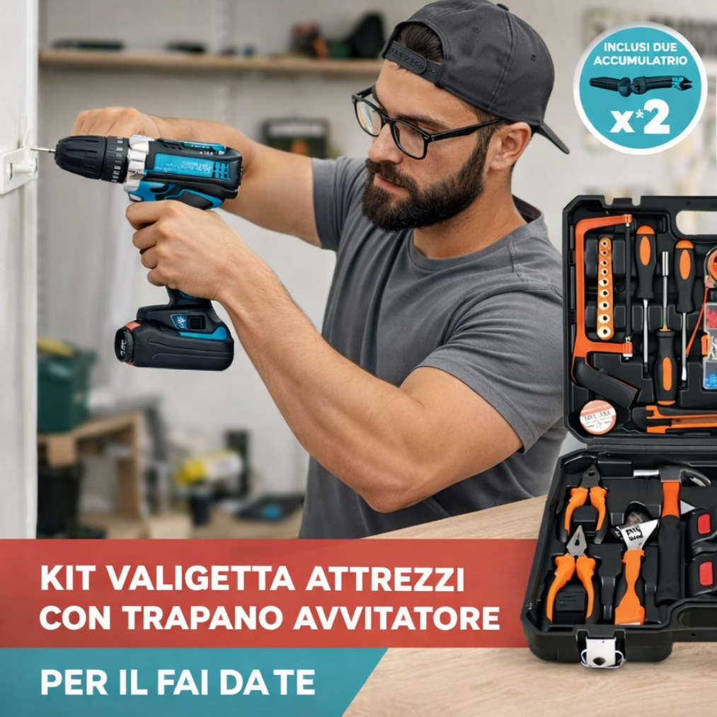 Kit Valigetta Attrezzi 118 Pezzi con Trapano Avvitatore a Batteria 48V Brushless con 2 Batterie