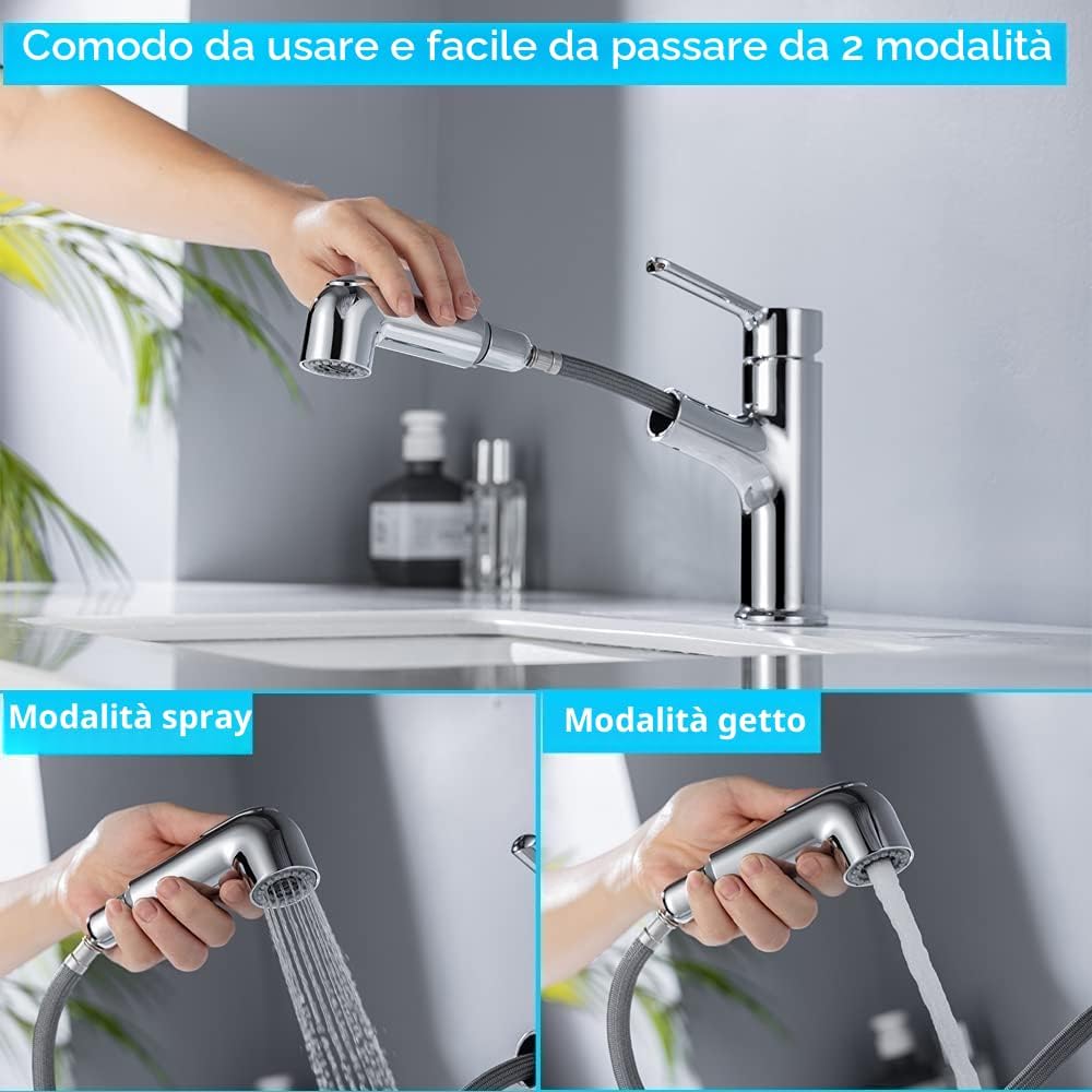 Rubinetto Bagno Doccetta Estraibile 2 Getti Risparmio Idrico