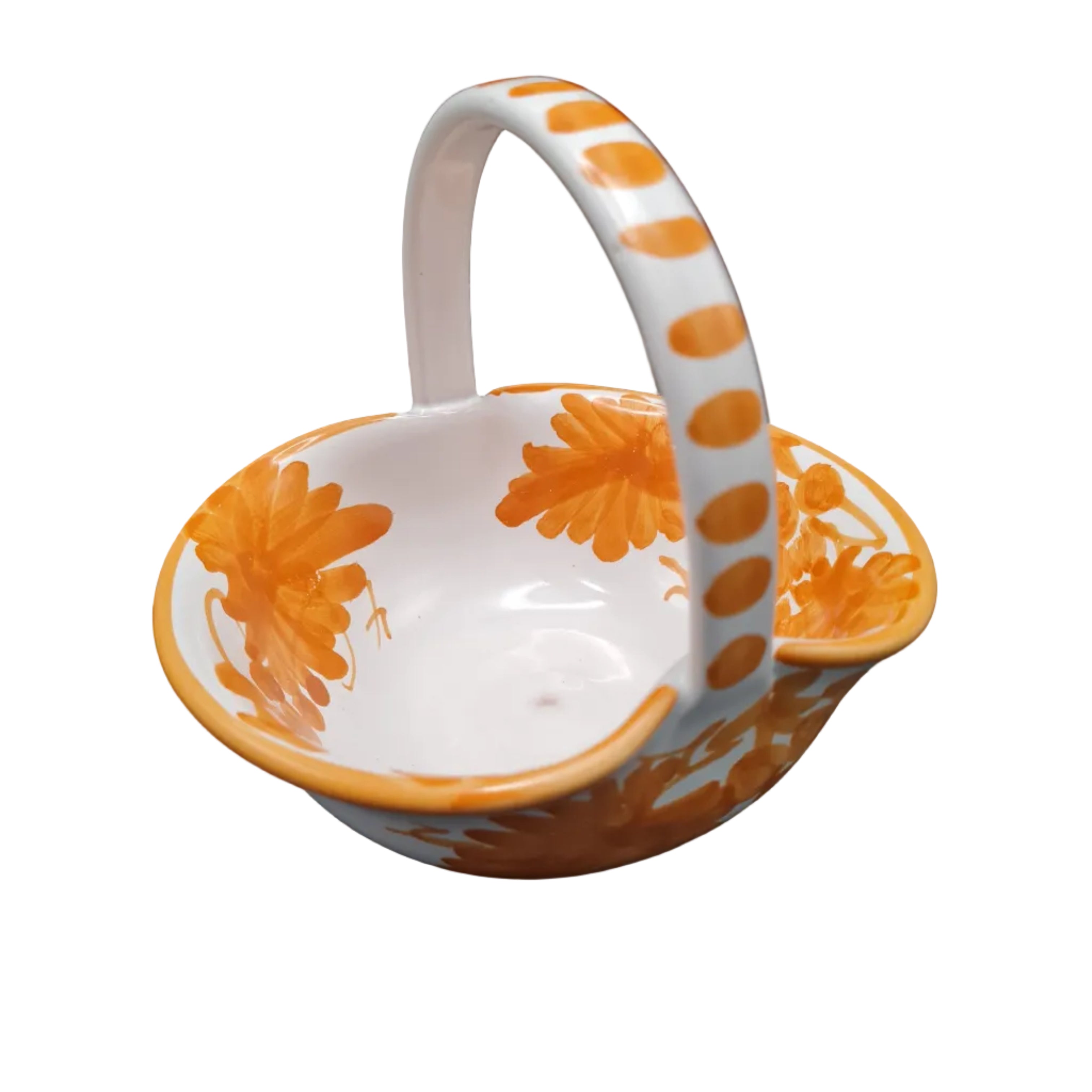 Cestino in Ceramica Decorato a Mano Arancione e Bianco - Portaoggetti Floreale