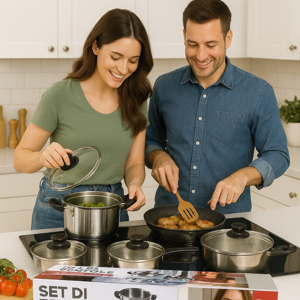 Set di Pentole 12 Pezzi in Acciaio Inox – Compatibili con Induzione – Coperchi con Valvola di Sicurezza – Design Professionale