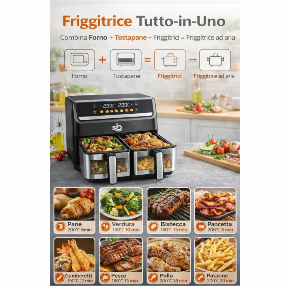 Friggitrice ad Aria XXXL - 2000W Doppio Cestello 15L (7,5L + 7,5L) – Controllo Indipendente