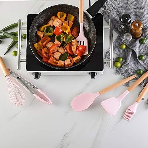 Set di 12 Utensili da Cucina in Silicone – Resistenti al Calore, Antiaderenti e Lavabili in Lavastoviglie rosa
