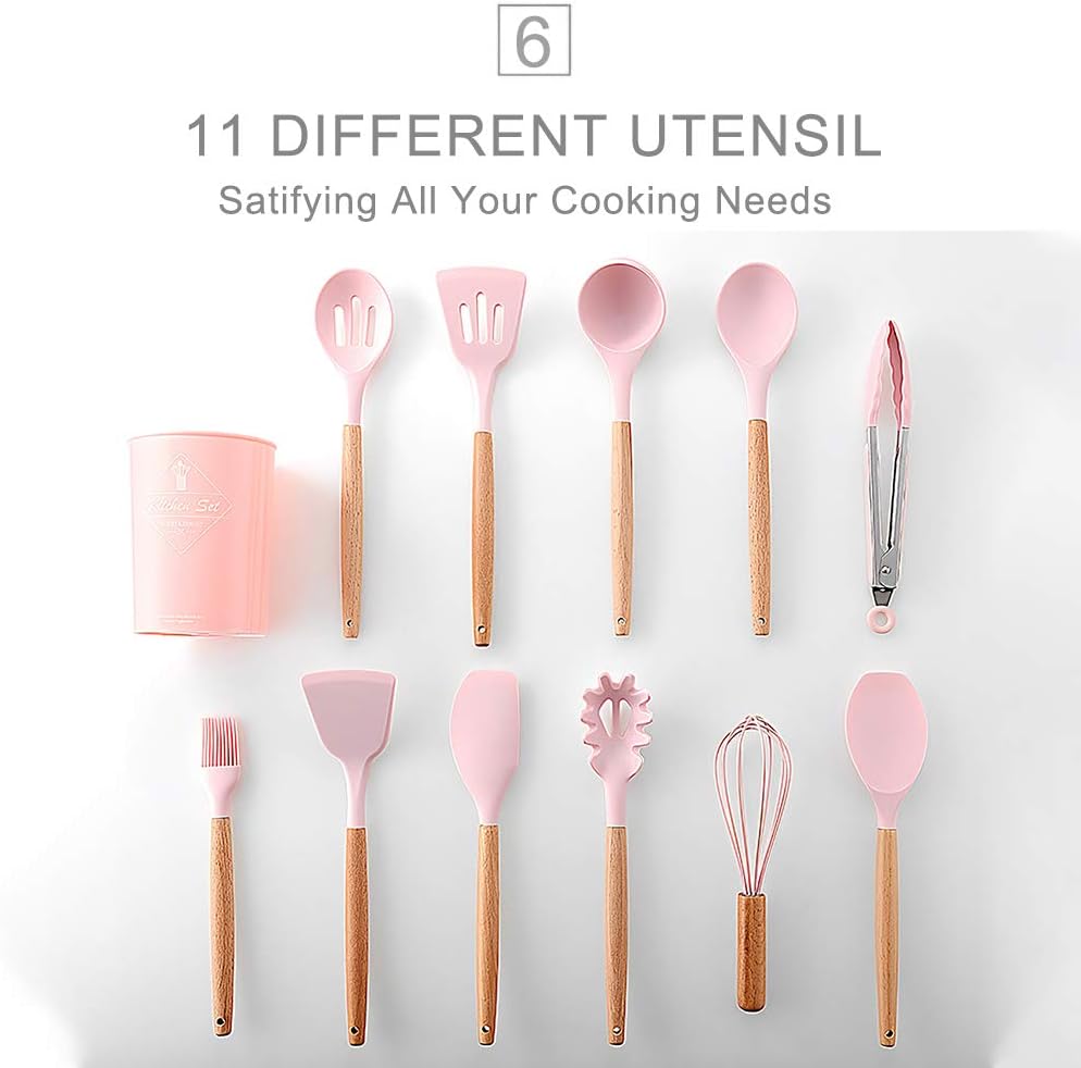 Set di 12 Utensili da Cucina in Silicone – Resistenti al Calore, Antiaderenti e Lavabili in Lavastoviglie rosa