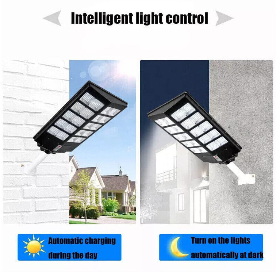 Lampione Solare LED Esterno con Staffa - 1200W, 840 LED, 18000mAh, Telecomando e Sensore di Movimento