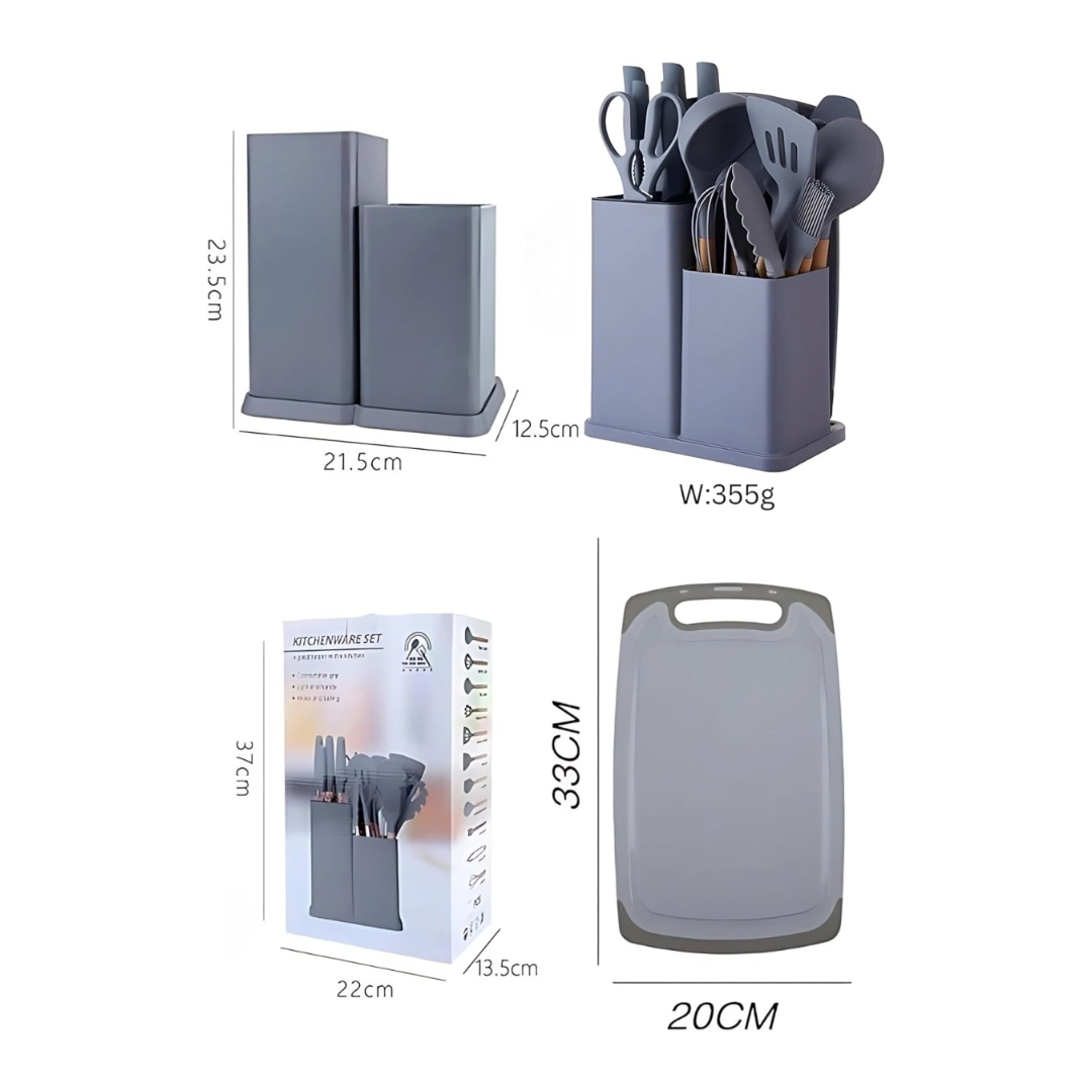 Set di Utensili da Cucina e Coltelli da Cucina da 19 Pezzi in Silicone con Manico in Legno (Grigio)