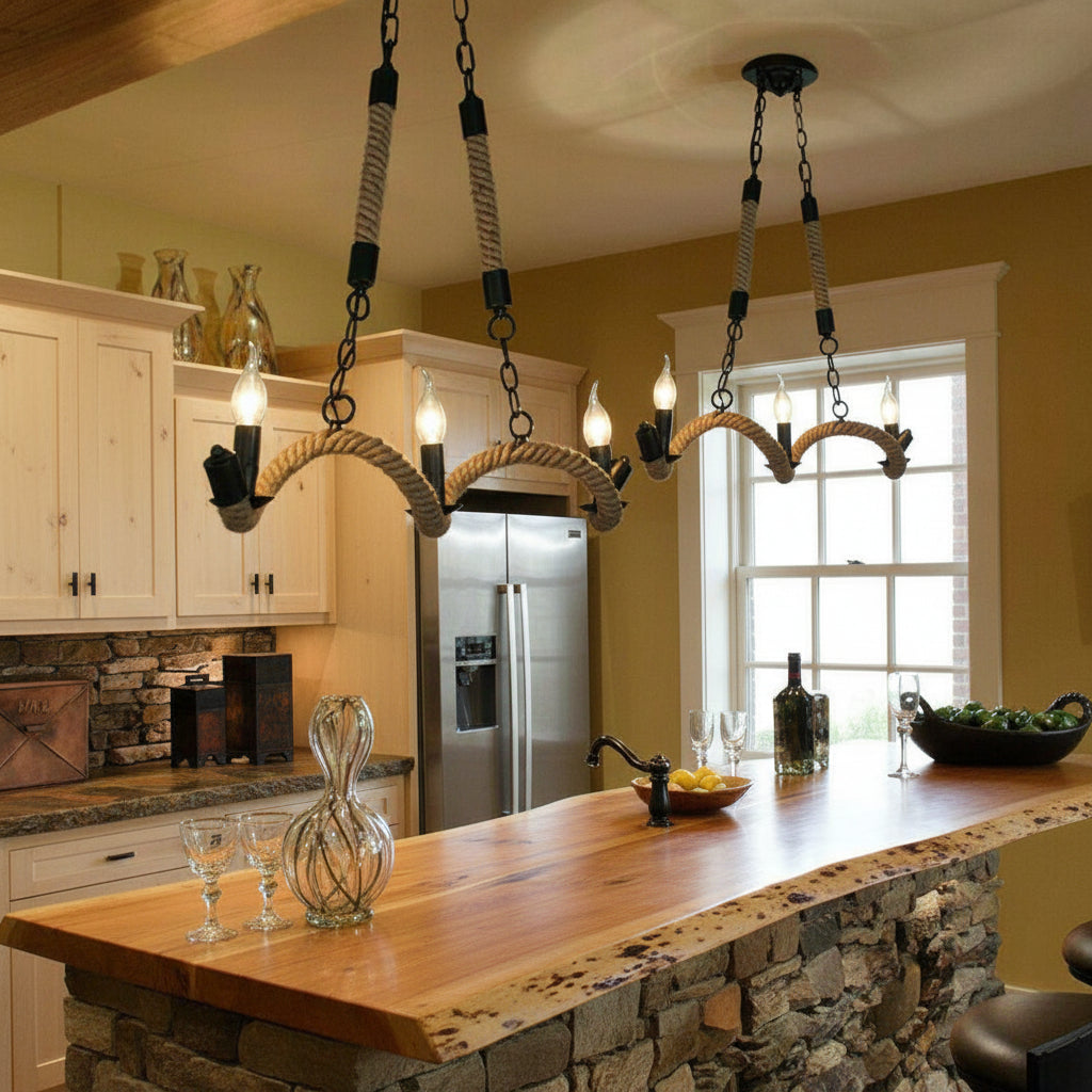 Lampadario Vintage a Sospensione A40-3 con 3 Portalampade E14 – Design Rustico in Corda di Canapa e Metallo