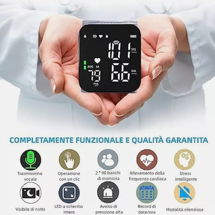 Misuratore di Pressione da Polso – Display LED HD Retroilluminato, Modalità Silenziosa, Funzione Vocale, Doppio Utente