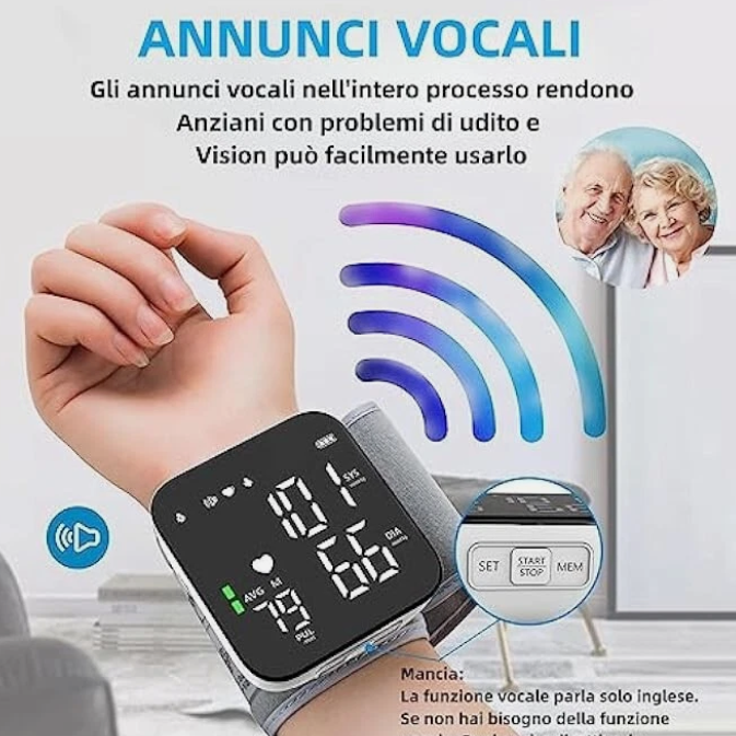 Misuratore di Pressione da Polso – Display LED HD Retroilluminato, Modalità Silenziosa, Funzione Vocale, Doppio Utente