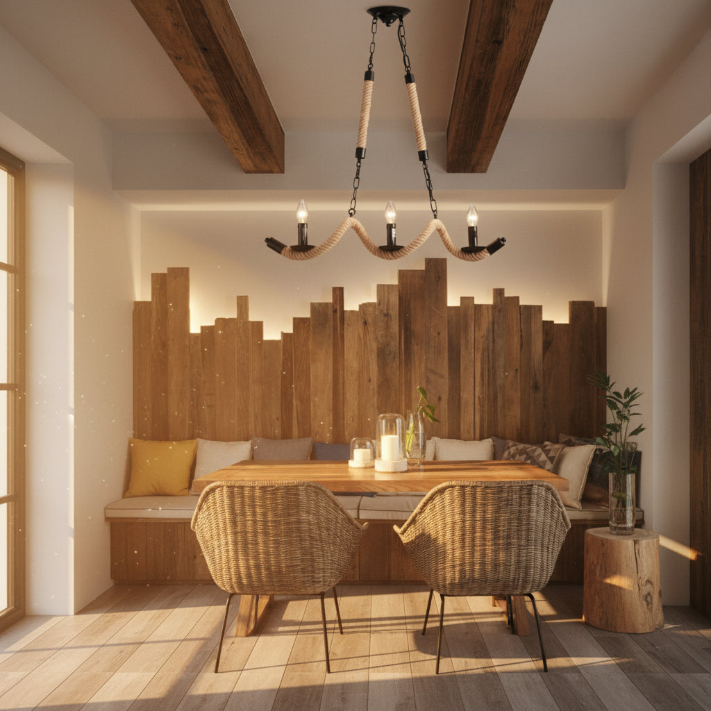 Lampadario Vintage a Sospensione A40-3 con 3 Portalampade E14 – Design Rustico in Corda di Canapa e Metallo