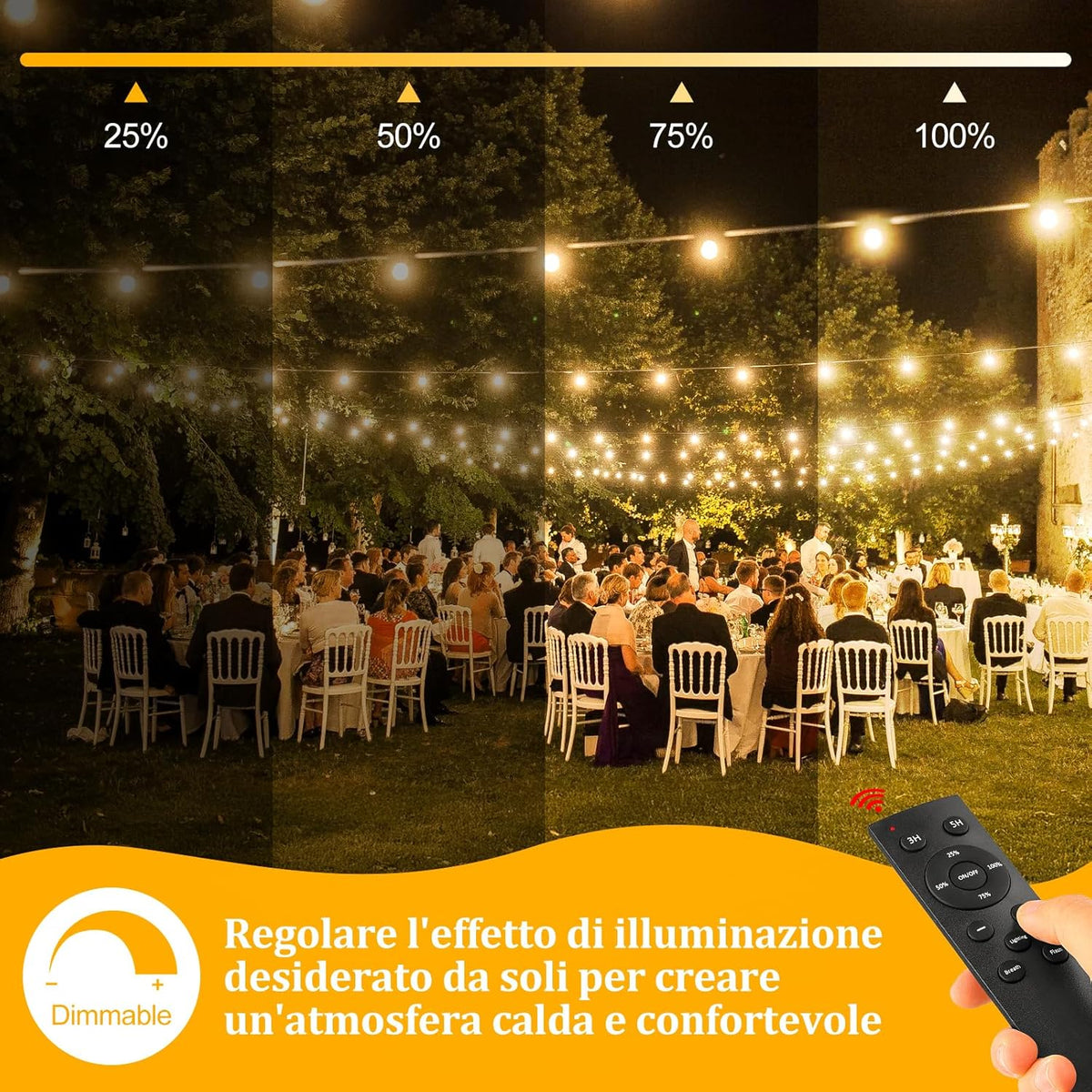 Catena Luminosa LED Esterno 20m IP44 con Telecomando 3000K