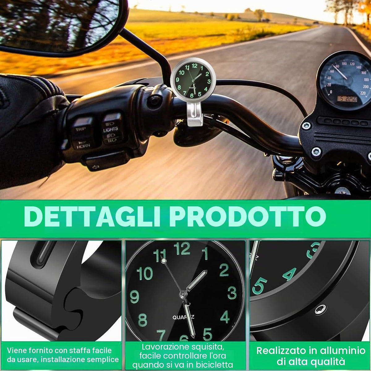 Orologio da Manubrio Universale Impermeabile e Luminoso per Moto e Bici