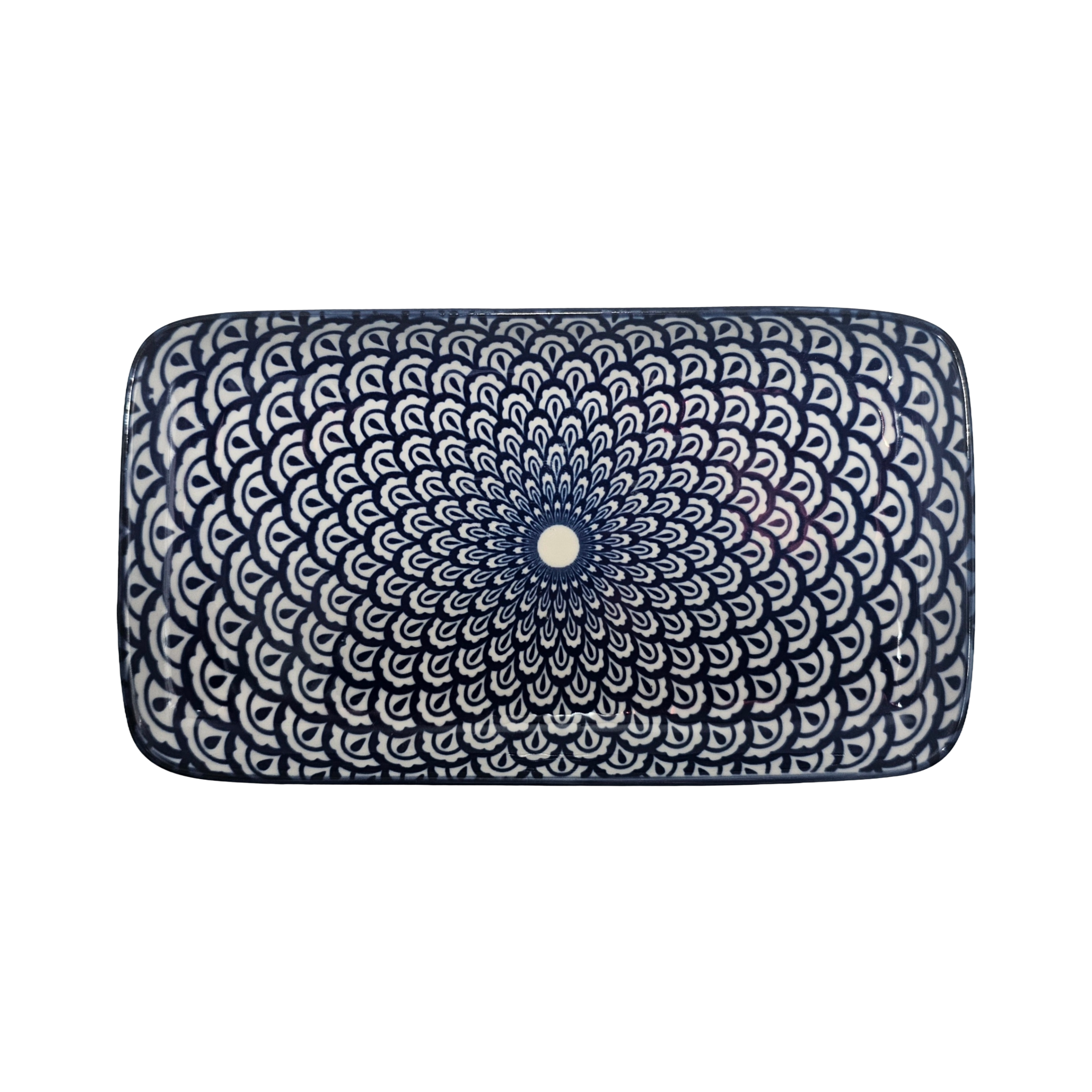 Piatto Piano Rettangolare in Ceramica Decorata – Mandala Blu e Bianco