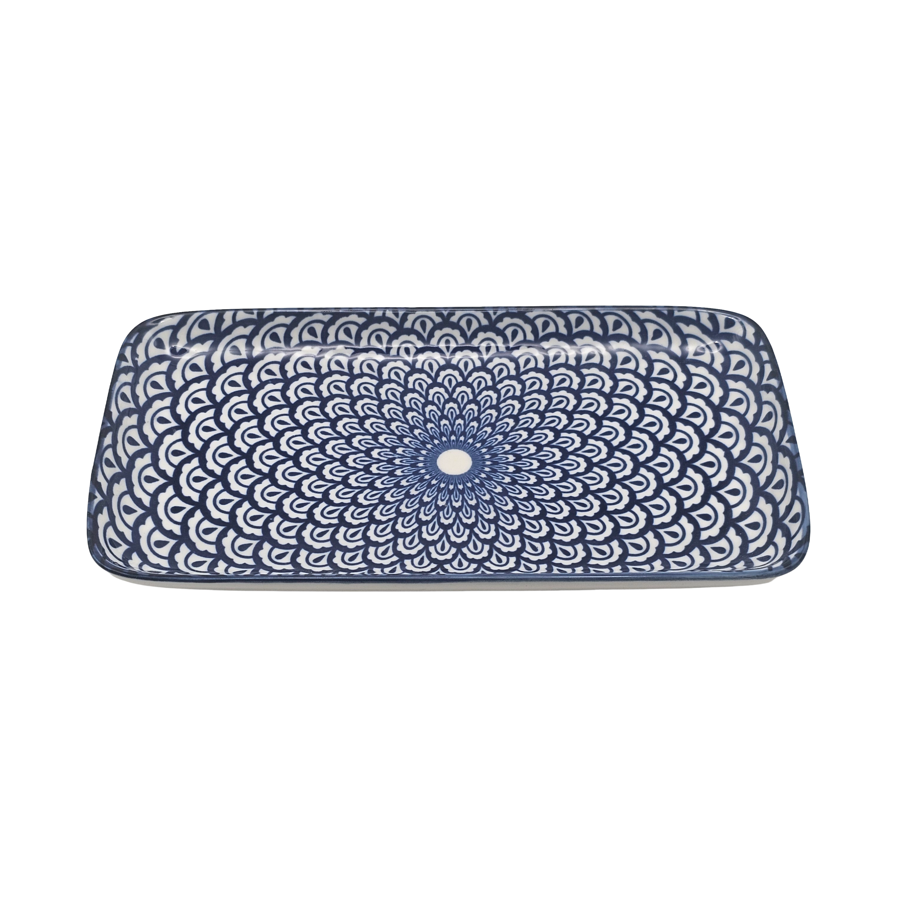 Piatto Piano Rettangolare in Ceramica Decorata – Mandala Blu e Bianco