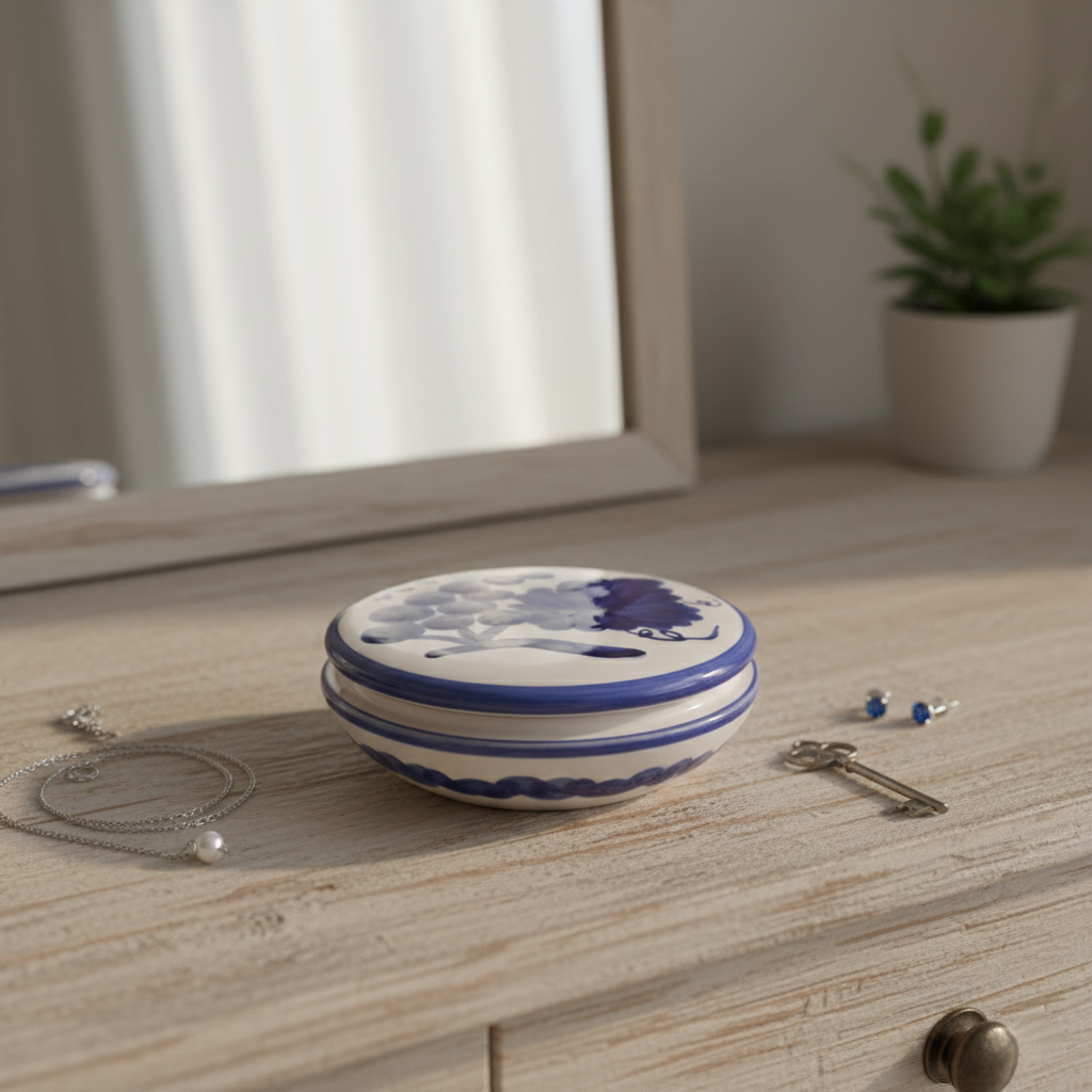 Portagioie Rotondo in Ceramica Blu e Bianca - Decorazione Uva Dipinta a Mano