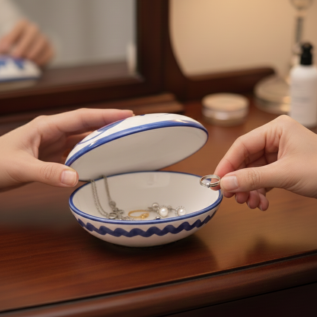 Portagioie in Ceramica Blu e Bianca con Coperchio - Motivo Floreale Artigianale