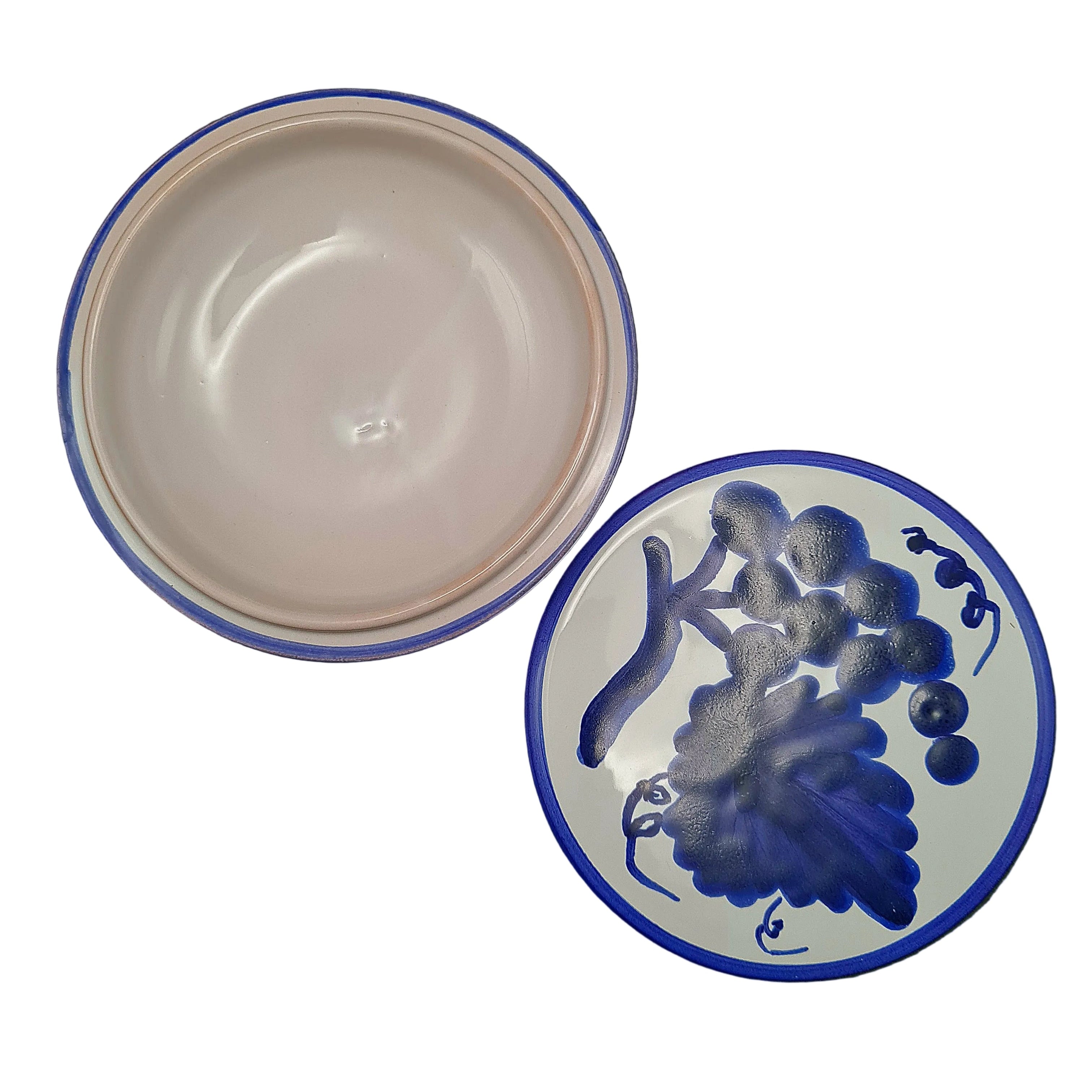 Portagioie Rotondo in Ceramica Blu e Bianca - Decorazione Uva Dipinta a Mano