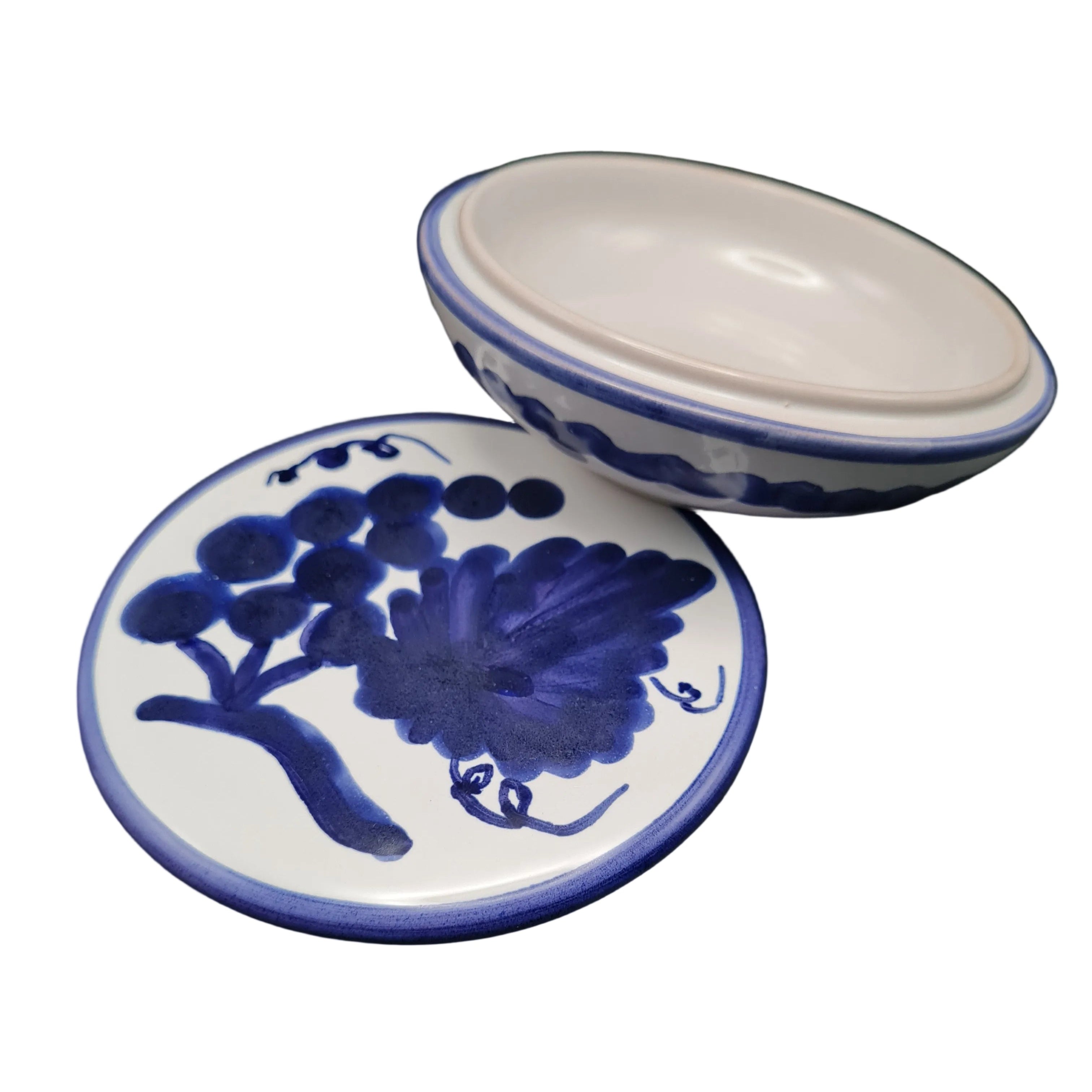 Portagioie Rotondo in Ceramica Blu e Bianca - Decorazione Uva Dipinta a Mano