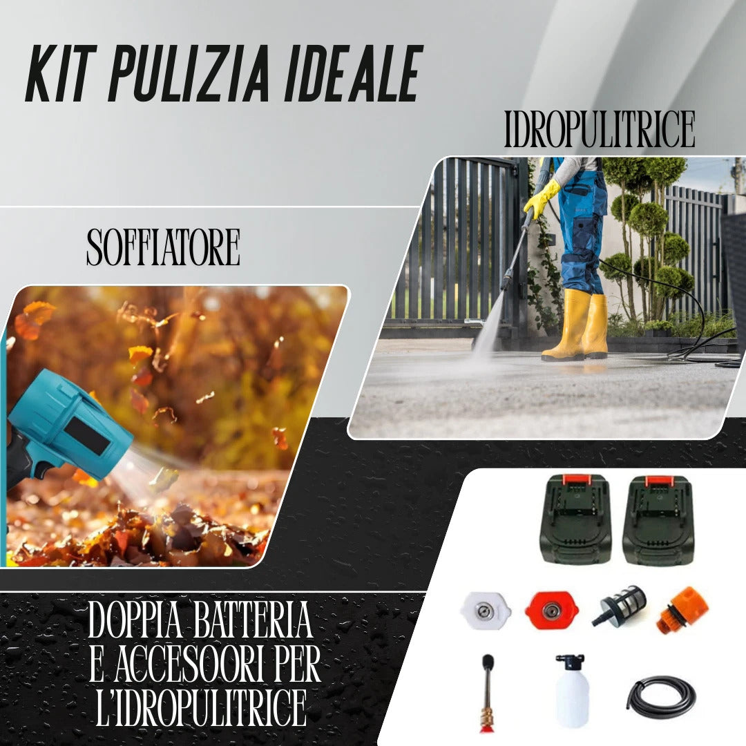 Kit 2 in 1 Idropulitrice Cordless + Soffiatore Doppia Batteria 48V con Accessori