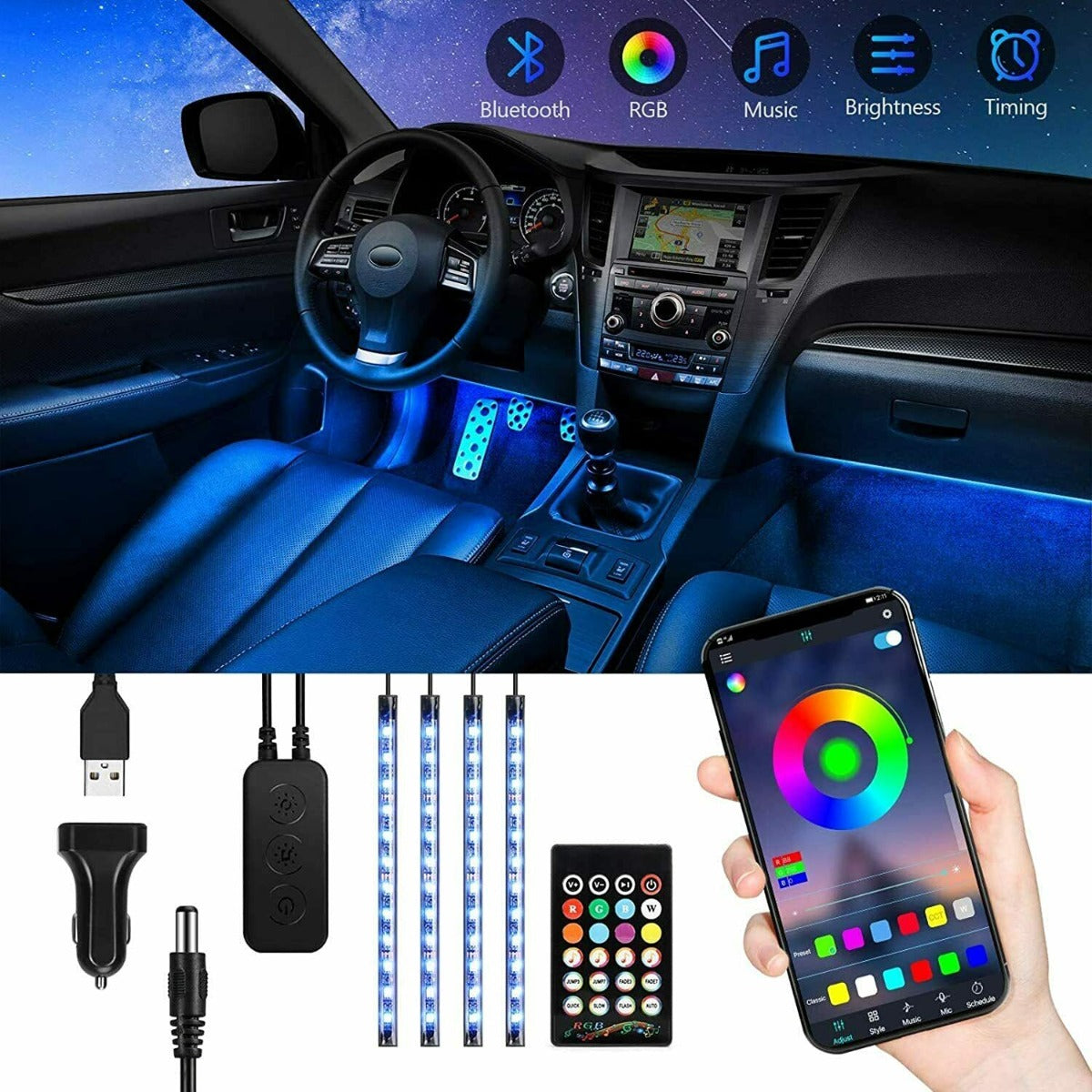 Strisce luci 48 LED per Interni auto con APP, Bluetooth RGB 8 colori variabili