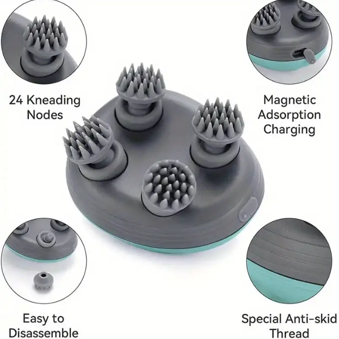 Massaggiatore Elettrico per Cuoio Capelluto Impermeabile con 4 Testine di Massaggio, Antistress per Muscoli e Spalle