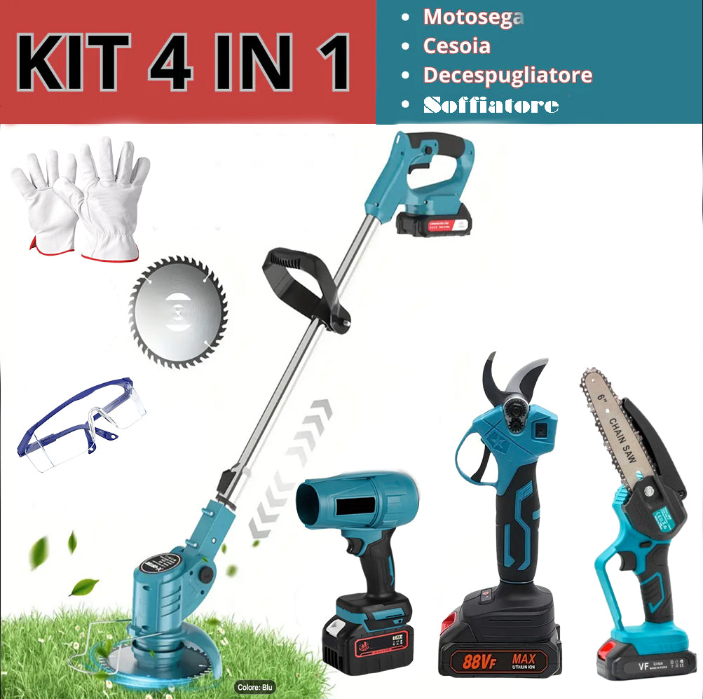 Kit Giardinaggio 4 in 1 – Motosega Elettrica 6" + Cesoia + Tagliarba + Soffiatore + 2 Batterie 88V al Litio Ricaricabili + Occhiali e Guanti