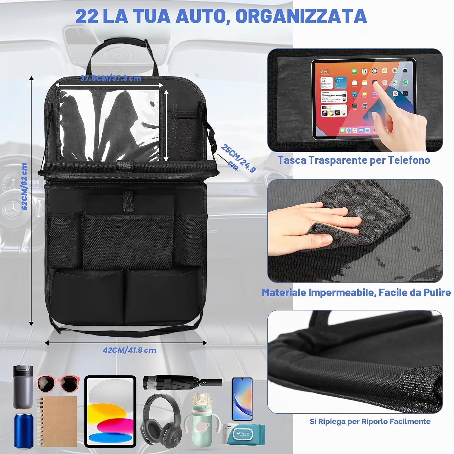 Organizer da auto impermeabile con tavolino pieghevole e 10 tasche