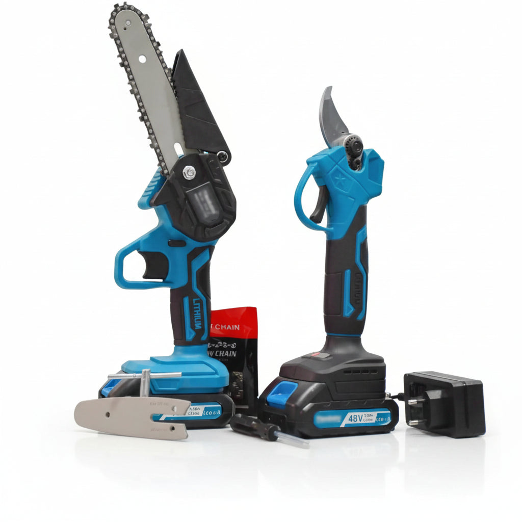 Set Potatura 2 in 1 con Motosega e Forbici a Batteria –2 batterie da 48V, Lama da 6", Valigetta Inclusa