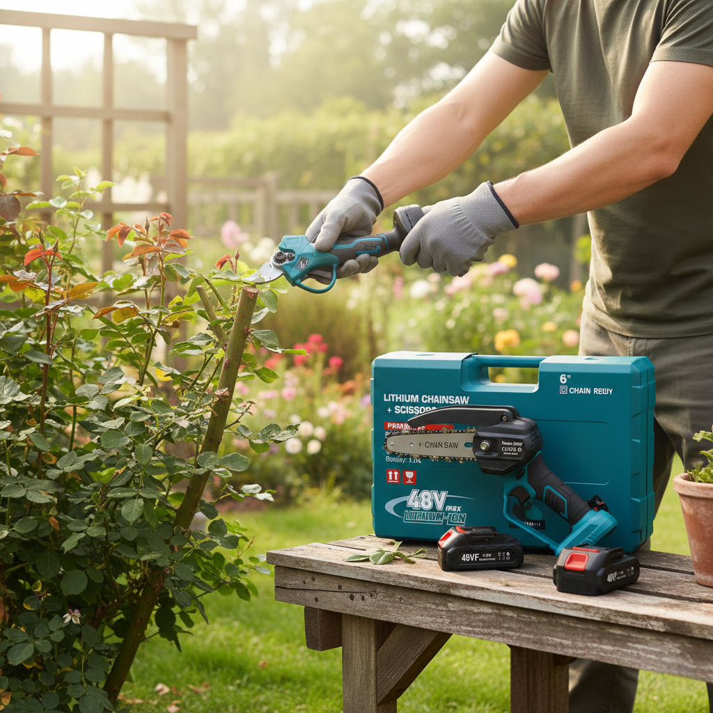 Set Potatura 2 in 1 con Motosega e Forbici a Batteria –2 batterie da 48V, Lama da 6", Valigetta Inclusa