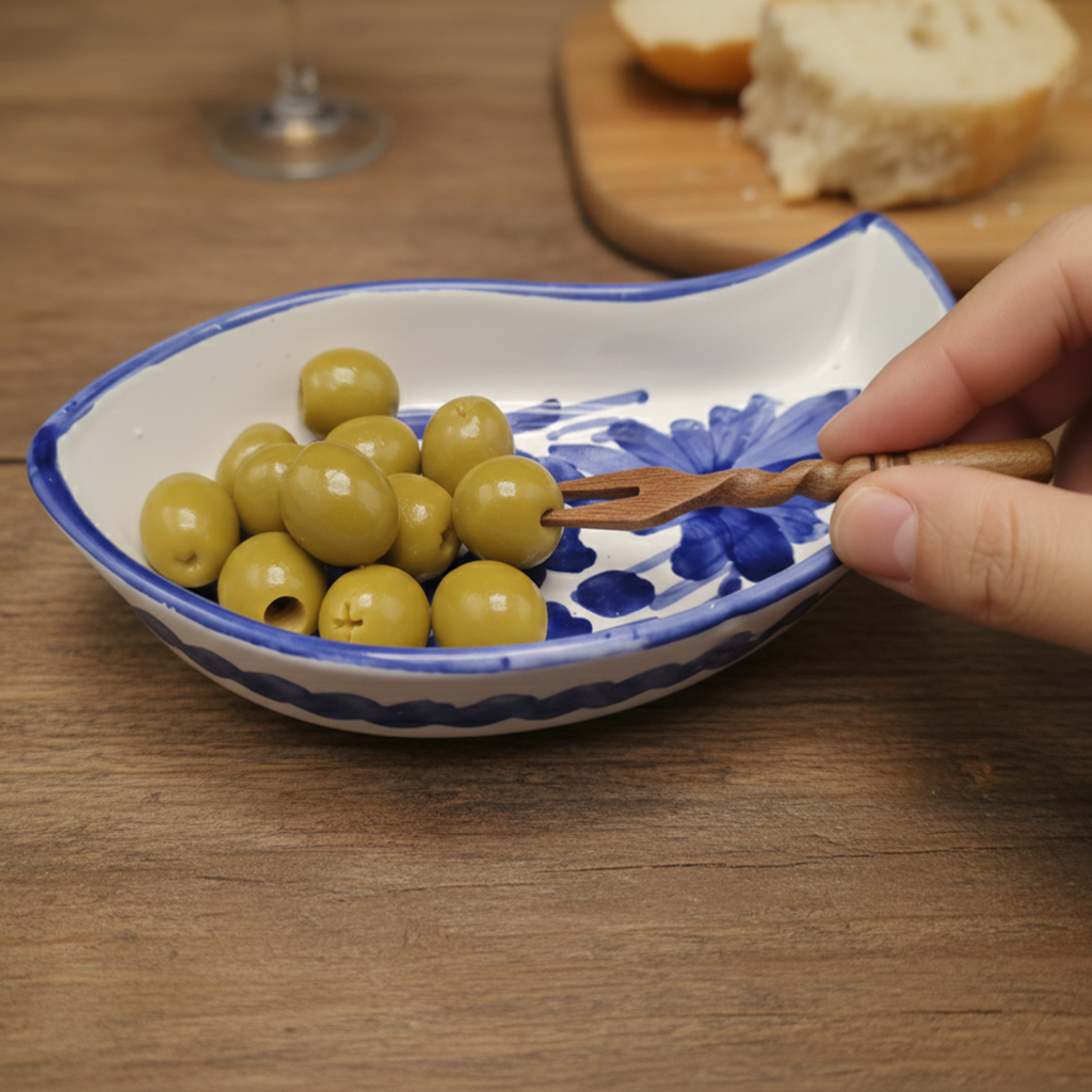 Set 3 Vassoi Mezzaluna Ceramica Bianca e Blu - Piatti da Portata Antipasti Decorati a Mano