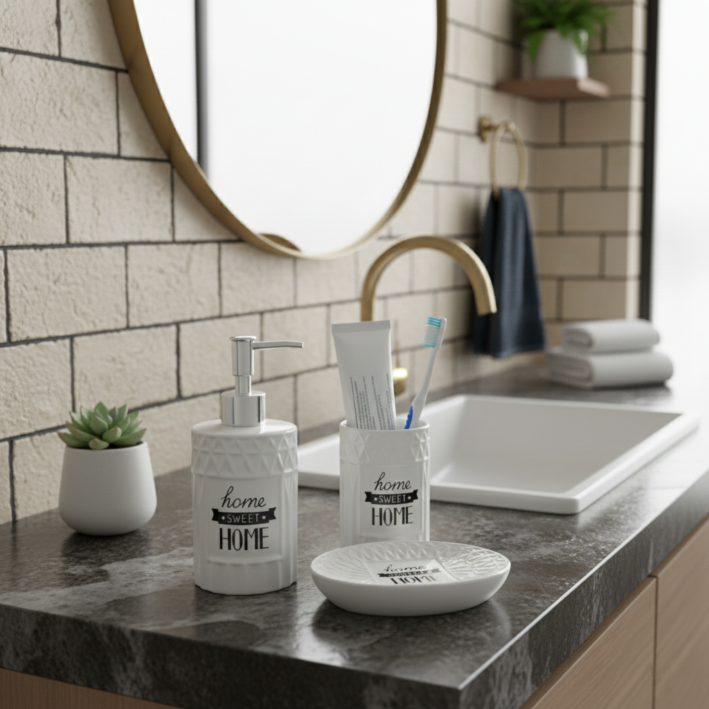 Set Bagno Completo in Ceramica Bianca Decorata – 3 Accessori Coordinati